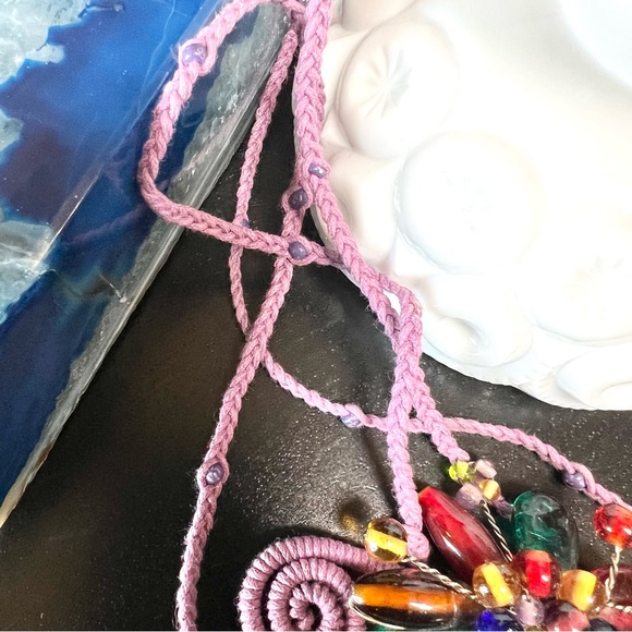 Vintage Up Cycled Wired Wrapped Gem Stones Macramé Woven Adjustable Necklace - Picture 6 of 7